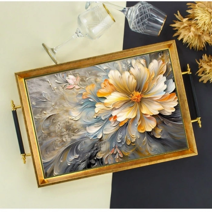 Sembol Glass 1028 Lüks Sunum Tepsi Dekoratif Tepsi Çay Tepsisi 47x30x4 Cm