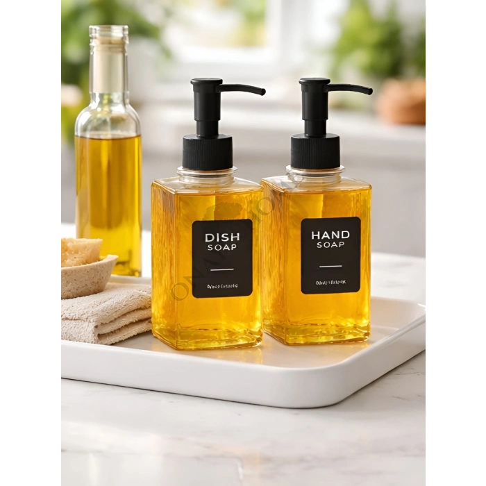 2li Cam Sıvı Sabunluk ve Deterjanlık – Şık Tasarımlı, Siyah Pompalı Mutfak & Banyo Sabunluğu - Dalgalı desen