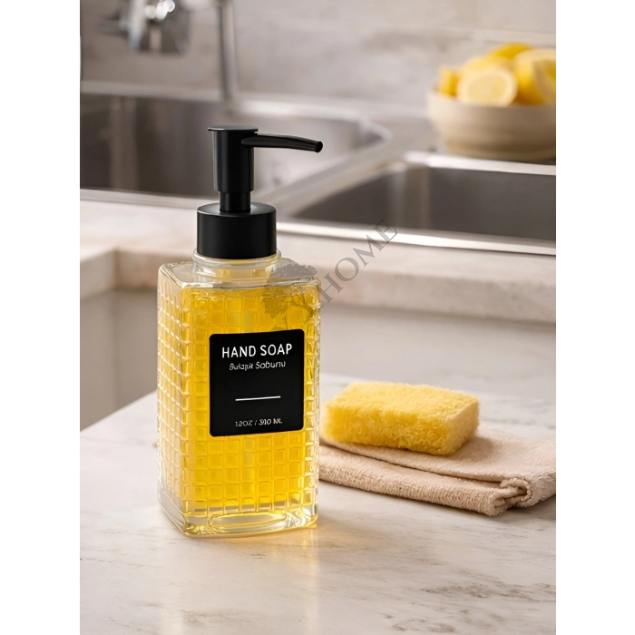 2li Cam Sıvı Sabunluk ve Deterjanlık – Şık Tasarımlı, Siyah Pompalı Mutfak & Banyo Sabunluğu - Puantilyeli desen