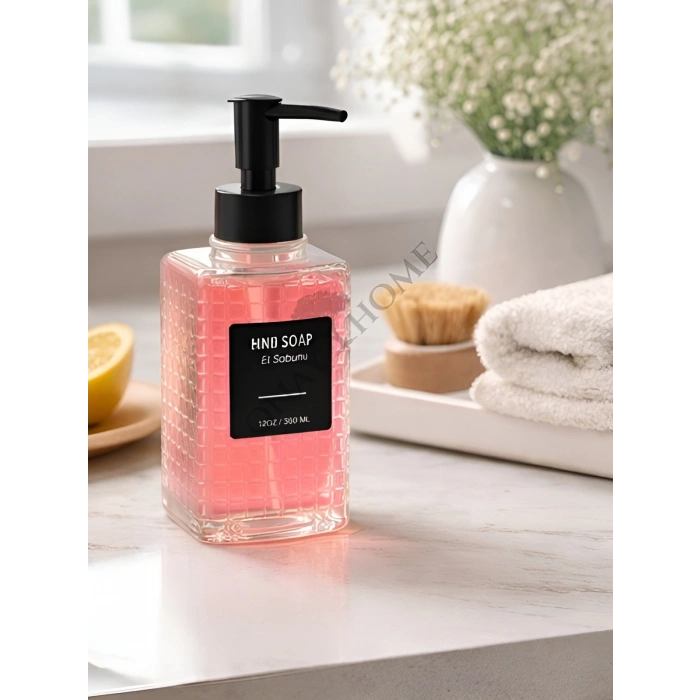 2li Cam Sıvı Sabunluk ve Deterjanlık – Şık Tasarımlı, Siyah Pompalı Mutfak & Banyo Sabunluğu - Puantilyeli desen