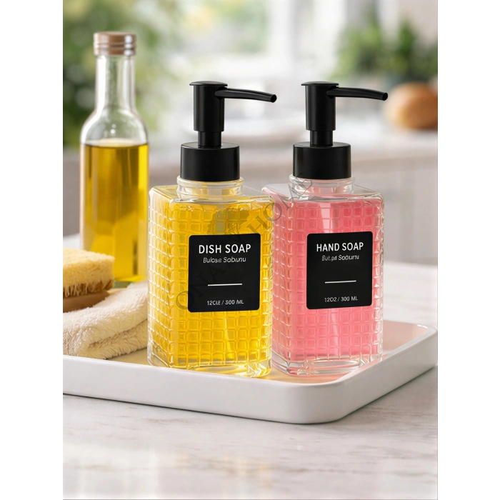 2li Cam Sıvı Sabunluk ve Deterjanlık – Şık Tasarımlı, Siyah Pompalı Mutfak & Banyo Sabunluğu - Puantilyeli desen