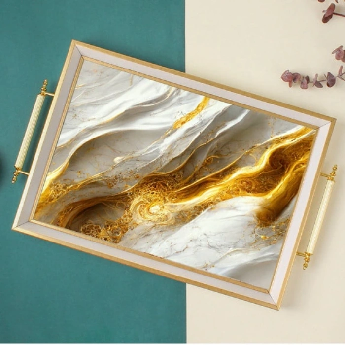 Sembol Glass 1014 Lüks Sunum Tepsi Dekoratif Tepsi Çay Tepsisi 47x30x4 Cm