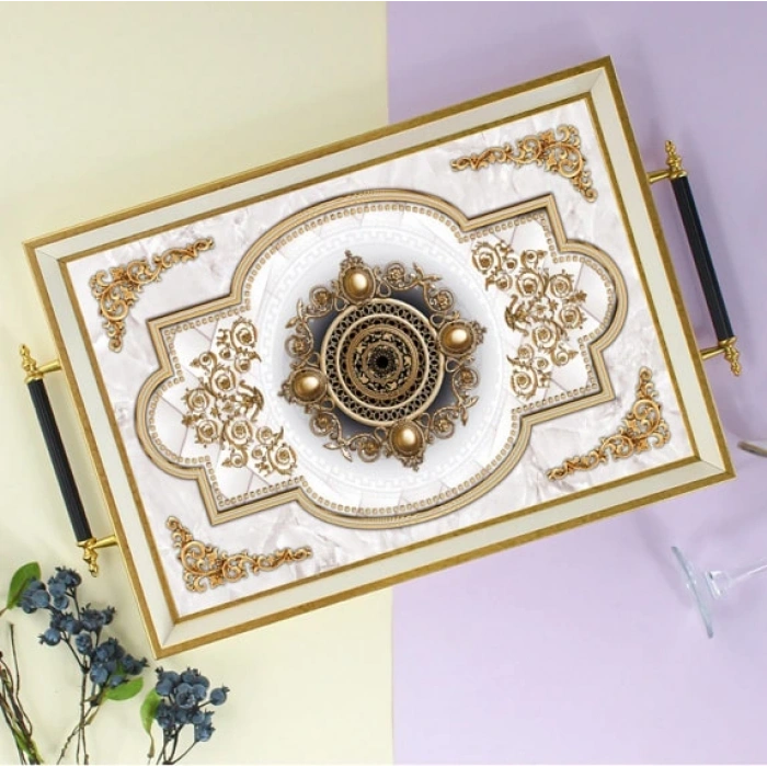 Sembol Glass 1016 Lüks Sunum Tepsi Dekoratif Tepsi Çay Tepsisi 47x30x4 Cm