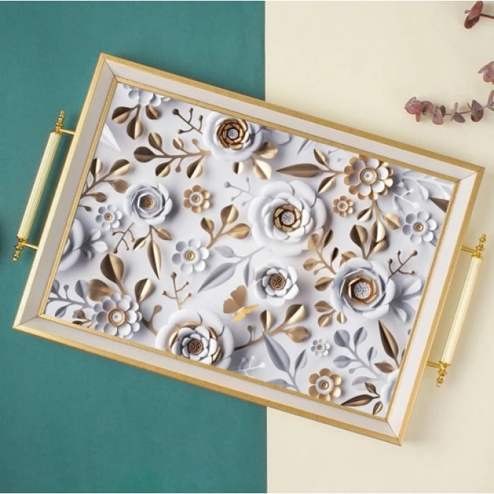 Sembol Glass 1020 Lüks Sunum Tepsi Dekoratif Tepsi Çay Tepsisi 47x30x4 Cm