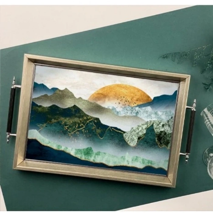 Sembol Glass 1021 Lüks Sunum Tepsi Dekoratif Tepsi Çay Tepsisi 47x30x4 Cm