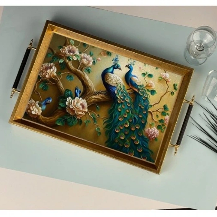 Sembol Glass 1023 Lüks Sunum Tepsi Dekoratif Tepsi Çay Tepsisi 47x30x4 Cm