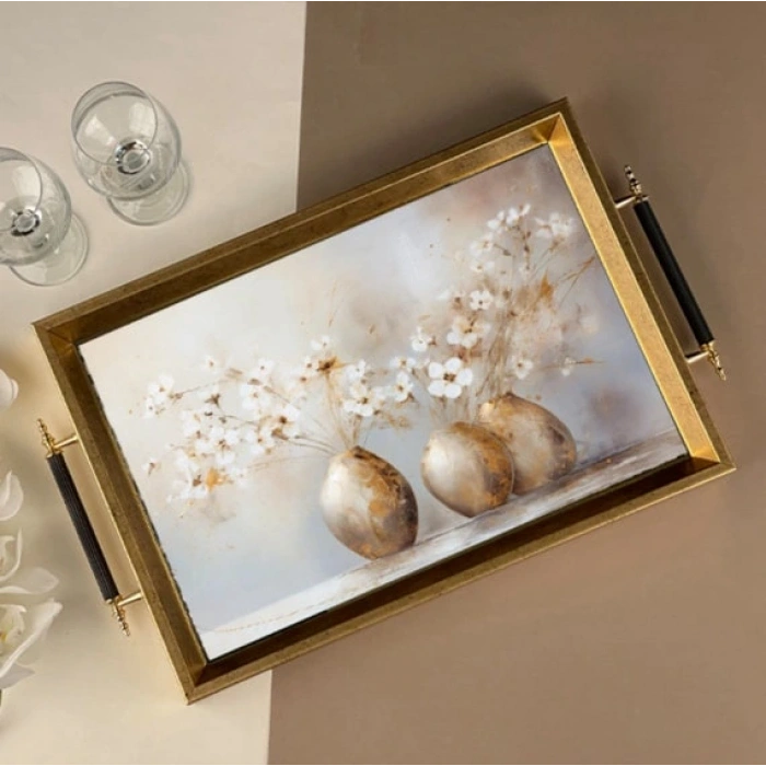 Sembol Glass 1026 Lüks Sunum Tepsi Dekoratif Tepsi Çay Tepsisi 47x30x4 Cm