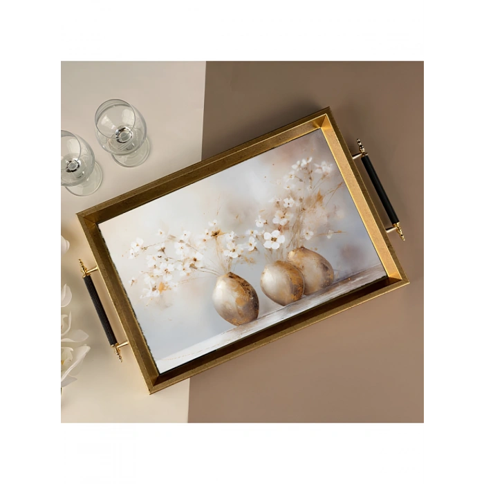 Sembol Glass 1026 Lüks Sunum Tepsi Dekoratif Tepsi Çay Tepsisi 47x30x4 Cm