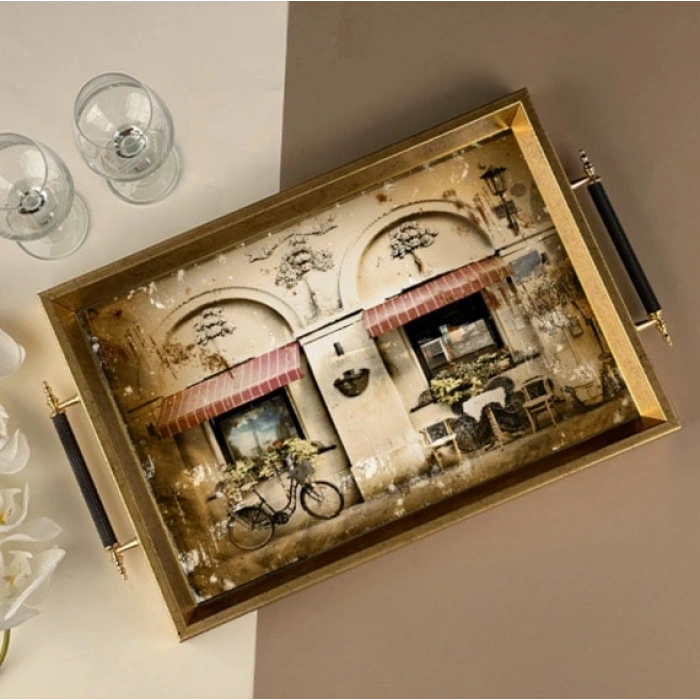 Sembol Glass 1033 Lüks Sunum Tepsi Dekoratif Tepsi Çay Tepsisi 47x30x4 Cm