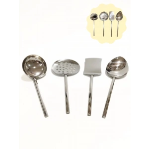 4 Parça Çelik Mini Servis Takımı, Kepçe, Kaşık, Kevgir, Spatula, Sos Servis Takımı