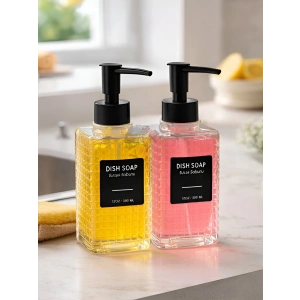 2li Cam Sıvı Sabunluk ve Deterjanlık – Şık Tasarımlı, Siyah Pompalı Mutfak & Banyo Sabunluğu - Puantilyeli desen