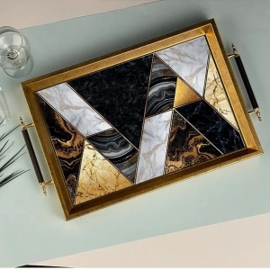 Sembol Glass 1013 Lüks Sunum Tepsi Dekoratif Tepsi Çay Tepsisi 47x30x4 Cm