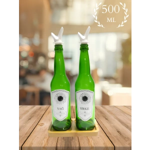 Bambu Stantlı Cam 2li 500 ml Yağ ve Sirke Şişesi Yağdanlık Yağlık
