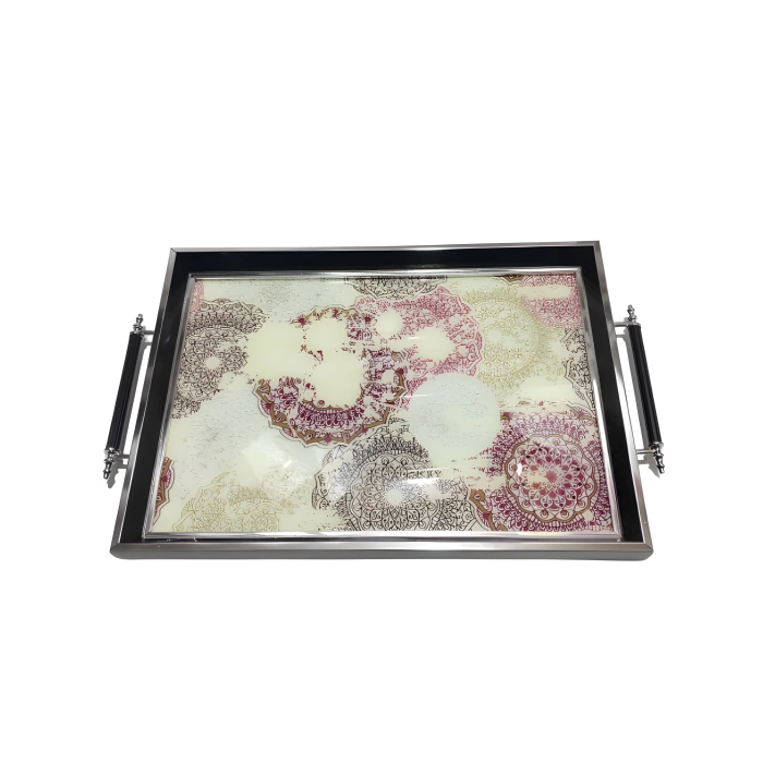 Sembol Glass Tray-302 Lüks Sunum Tepsı Dekoratif Tepsi Çay Tepsisi 47x30 Cm