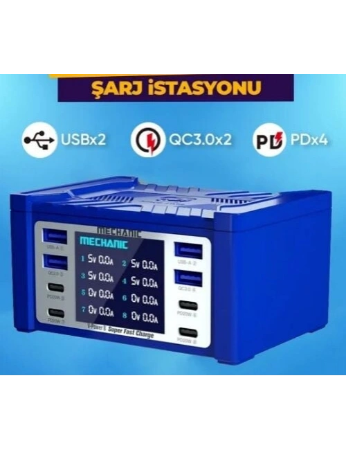 Mechanic 4 Port USB 4 Port Type-C Voltaj Ölçme Şarj İstasyonu 100W
