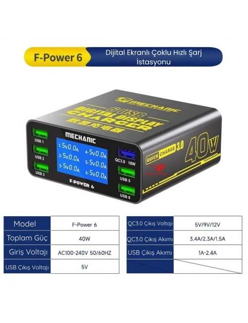 Mechanic F-Power 6 USB QC3.0 40W Akıllı LCD Ekranlı Şarj İstasyonu