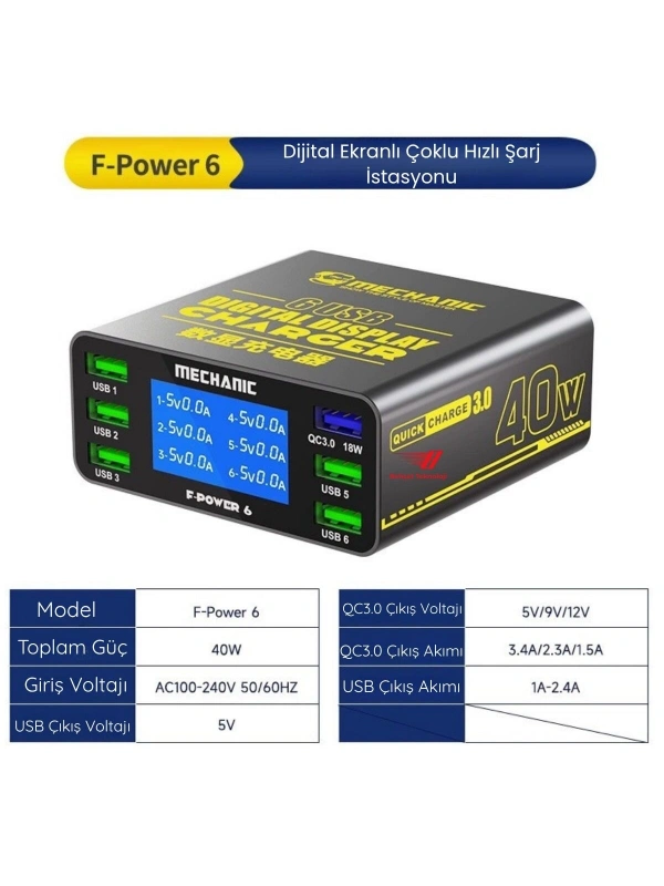 Mechanic F-Power 6 USB QC3.0 40W Akıllı LCD Ekranlı Şarj İstasyonu