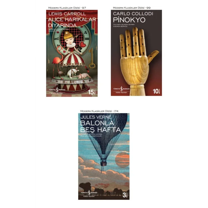 Alice Harikalar Diyarında + Balonla Beş Hafta + Pinokyo- 3 Kitap Set - Iş Bankası Özel Set Alice Har