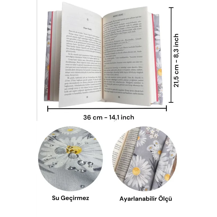 Ayarlanabilir Kitap Kılıfı - Papatya Desenli Kitap Koruyucu Kılıf - Su Geçirmez Yıkanabilir Kumaş