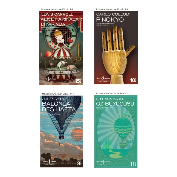 Oz Büyücüsü + Pinokyo + Balonla Beş Hafta + Alice Harikalar Diyarında- 4 Kitap Set