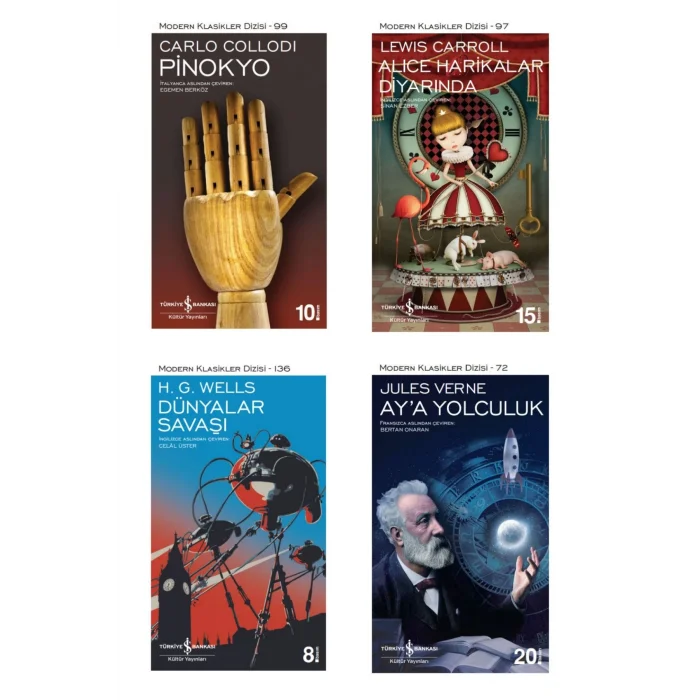Pinokyo + Alice Harikalar Diyarında + Aya Yolculuk + Dünyalar Savaşı- 4 Kitap Set