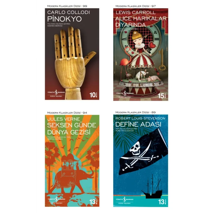 Pinokyo + Alice Harikalar Diyarında + Define Adası + Seksen Günde Dünya Gezisi- 4 Kitap Set