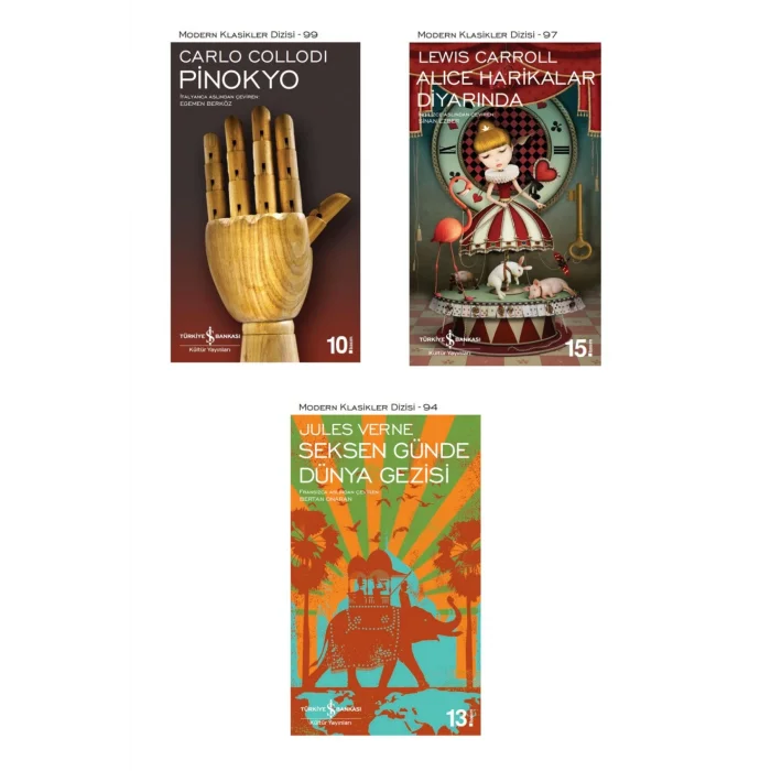 Pinokyo + Alice Harikalar Diyarında + Seksen Günde Dünya Gezisi- 3 Kitap Set - Iş Bankası Özel Set