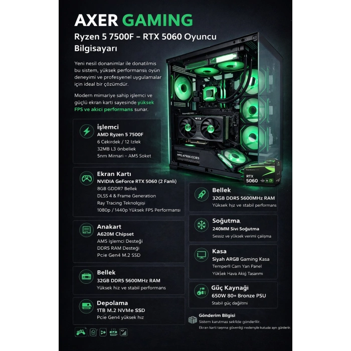 Axer GAMING Black Ryzen 5 7500F 32GB DDR5 1TB SSD RTX5060 OYUN BİLGİSAYARI