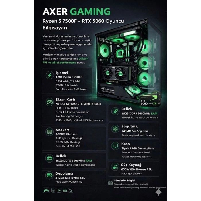 Axer GAMING Black Ryzen 5 7500F 16GB DDR5 512GBSSD RTX5060 OYUN BİLGİSAYARI