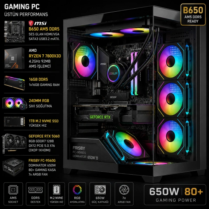 Axer GAMING Black Ryzen 7 7800X3D 16GB DDR5 1TB SSD RTX5060 OYUN BİLGİSAYARI  (OEM Paket)
