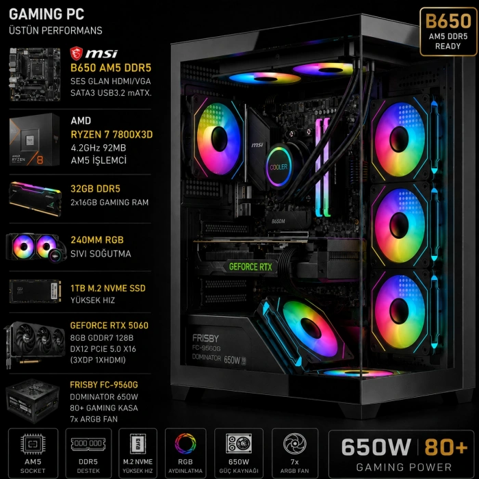 Axer GAMING Black Ryzen 7 7800X3D 32GB DDR5 1TB SSD RTX5060 OYUN BİLGİSAYARI (OEM Paket)