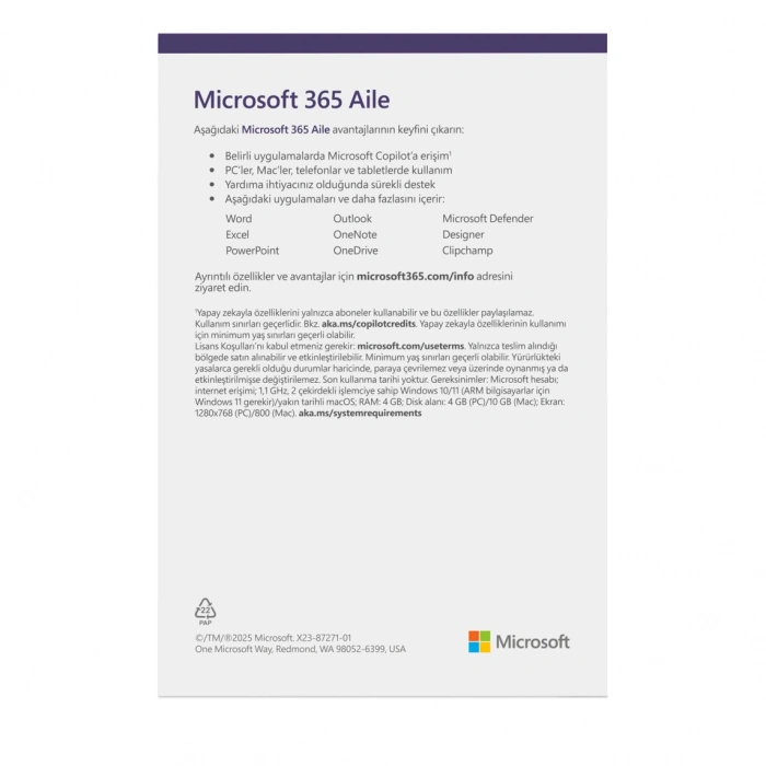 Microsoft Office 365 Aile EP2-36884 Türkçe Kutulu Ofis Yazılımı (6 Kullanıcı)