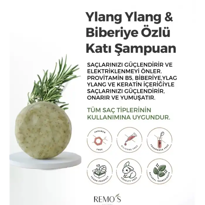 REMOS Katı Şampuan Dökülme Karşıtı - Ylang Ylang & Biberiye Özlü 100 gr