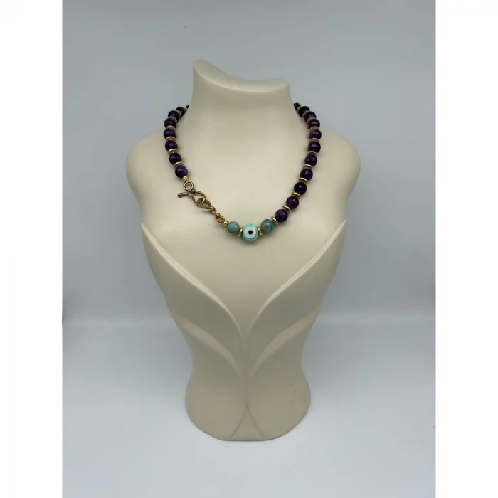 Ametist Amazonit Nazar Boncuklu Kolye