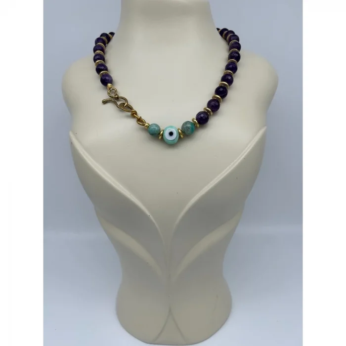 Ametist Amazonit Nazar Boncuklu Kolye
