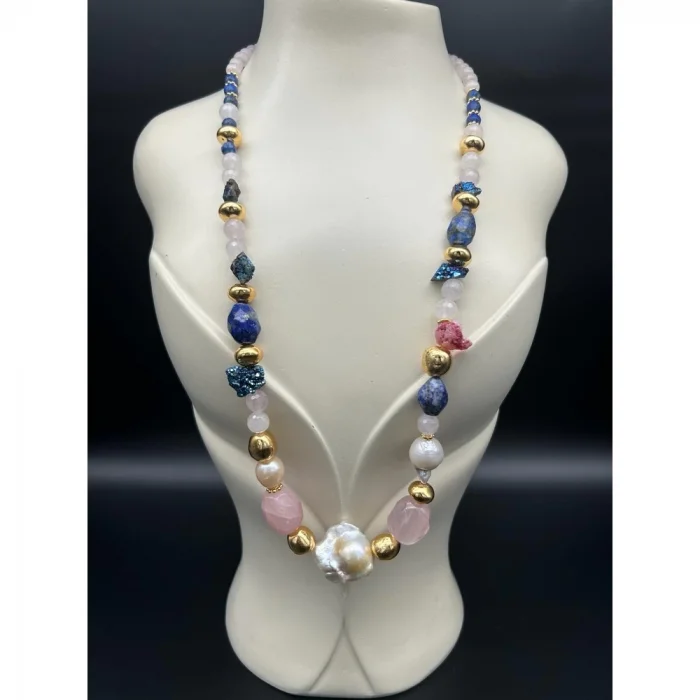 İnci Lapislazuli Pembe Kuvars Druze Kristal Gold Kolye