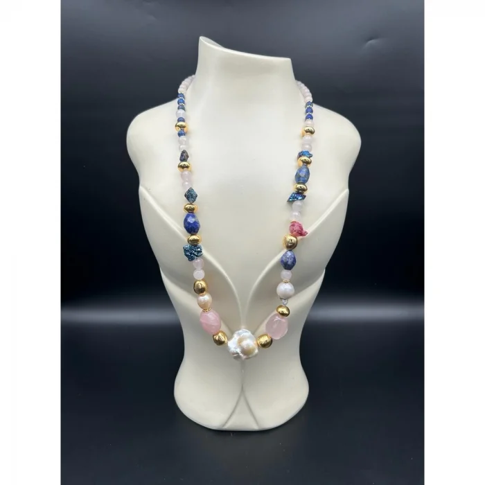 İnci Lapislazuli Pembe Kuvars Druze Kristal Gold Kolye