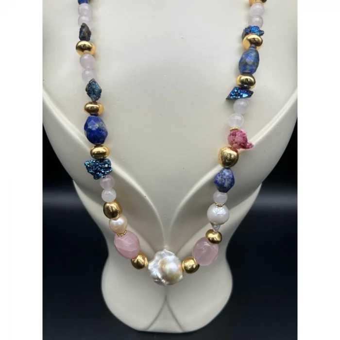 İnci Lapislazuli Pembe Kuvars Druze Kristal Gold Kolye