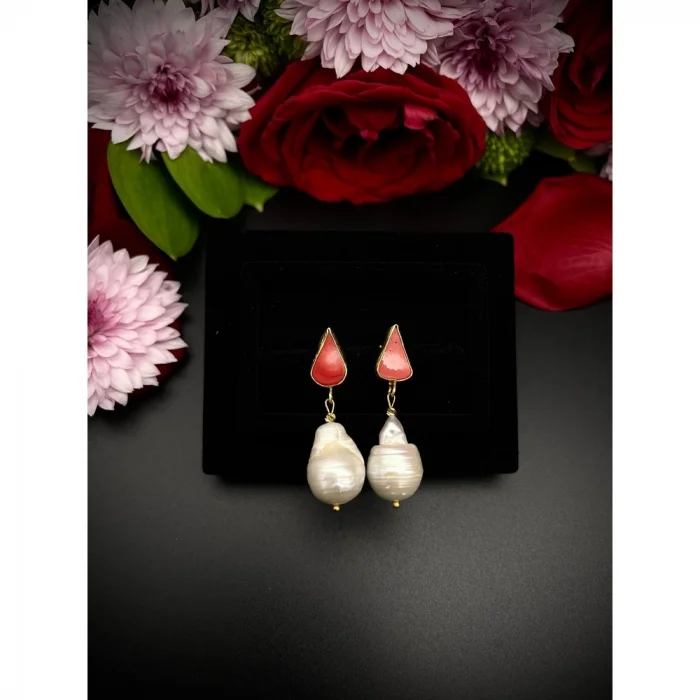 Barok İnci Mercan Altın Kaplama Küpe