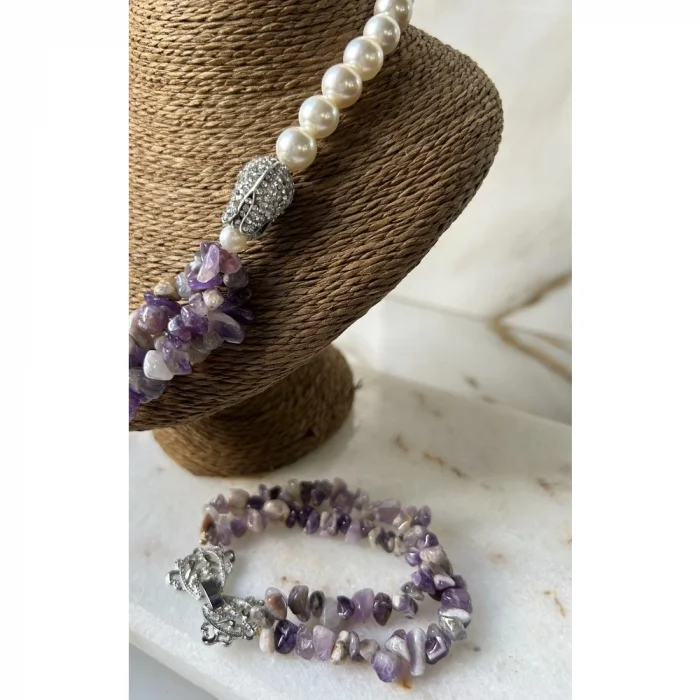 Kırık Ametist İnci Kolye Bileklik Set