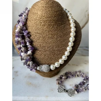 Kırık Ametist İnci Kolye Bileklik Set