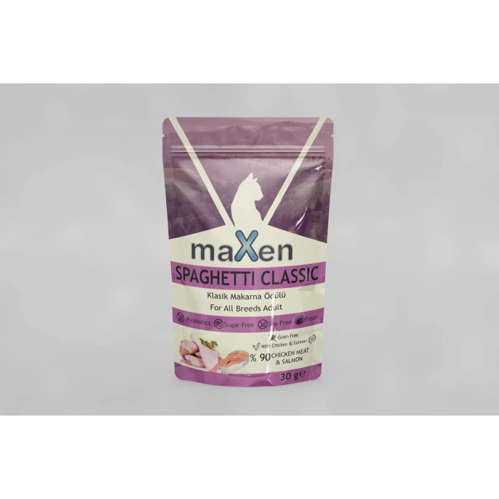 MAXEN Spaghetti Classic Tavuk ve Somon Etli Premium Kedi Ödülü, Glutensiz ve Şekersiz, Tüm Irklar İçin, 30 Gram, Mor Paket