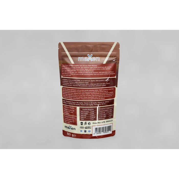 MAXEN Kuzu Etli Kedi Atıştırmalığı, %90 Et İçerikli, Tahılsız, Şekersiz, Vitamin Takviyeli, Tüm Irklara Uygun, 80g