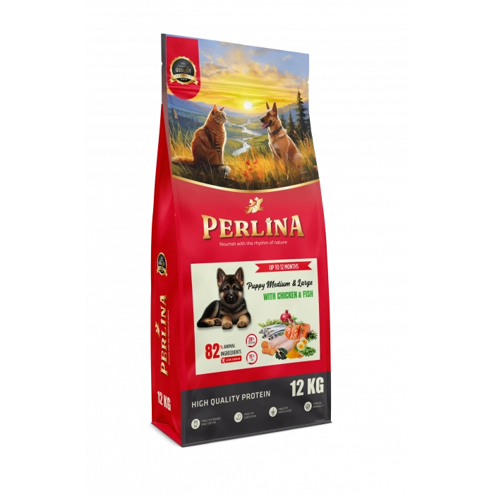 Perlina Orta ve Büyük Irk Yavru Köpek Maması, Tavuk ve Balık, 12 kg, 12 Aya Kadar