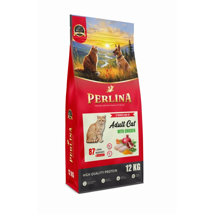 Perlina Yetişkin Kedi Maması, Tavuklu, 12 KG,%87 Hayvansal İçerik, Vitamin ve Mineral Takviyeli