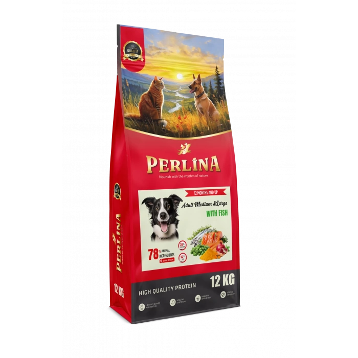 Perlina Orta ve Büyük Irk Yetişkin Köpek Maması, Balıklı, 12 KG, Yüksek Protein