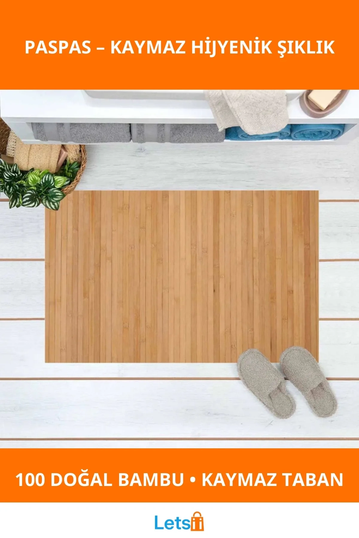 %100 Doğal Bambu Kaymaz Suya Dayanıklı Ahşap Paspas 45x70 cm