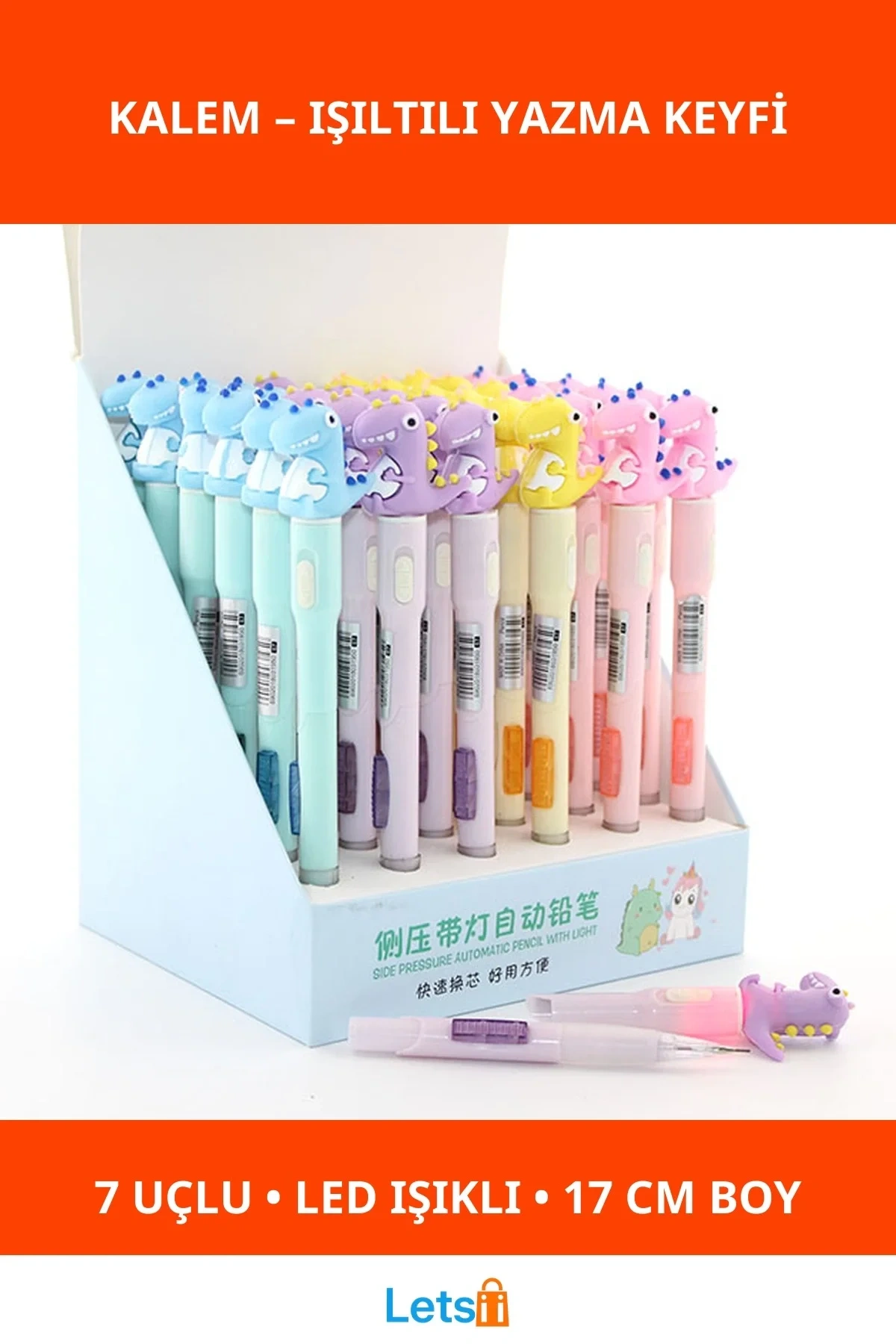 07 Uçlu LED Işıklı Dinazor Tasarımlı Eğlenceli Kalem