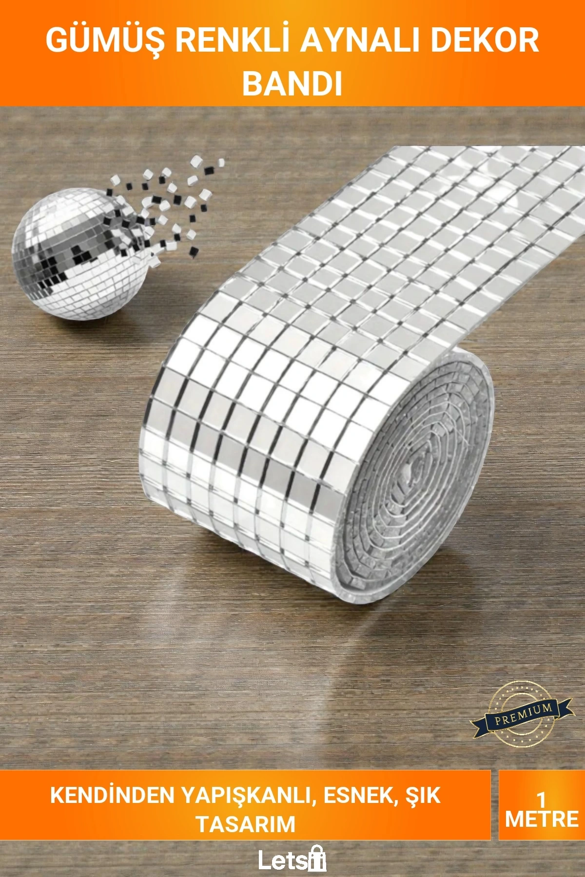 1 Metre x 4 cm Kendinden Yapışkanlı Gümüş Aynalı Mozaik Taş Görünümlü Esnek Dekorasyon Bandı