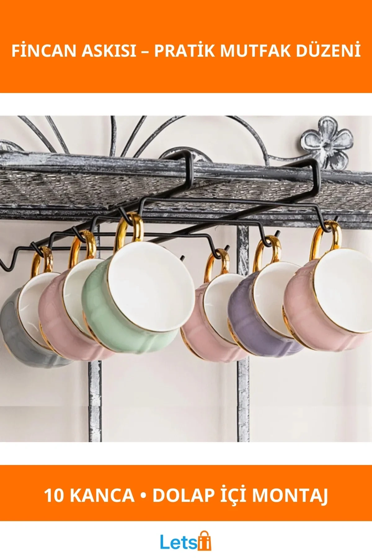10 Kancalı Metal Dolap İçi Fincanlık Askı Mutfak Düzenleyici